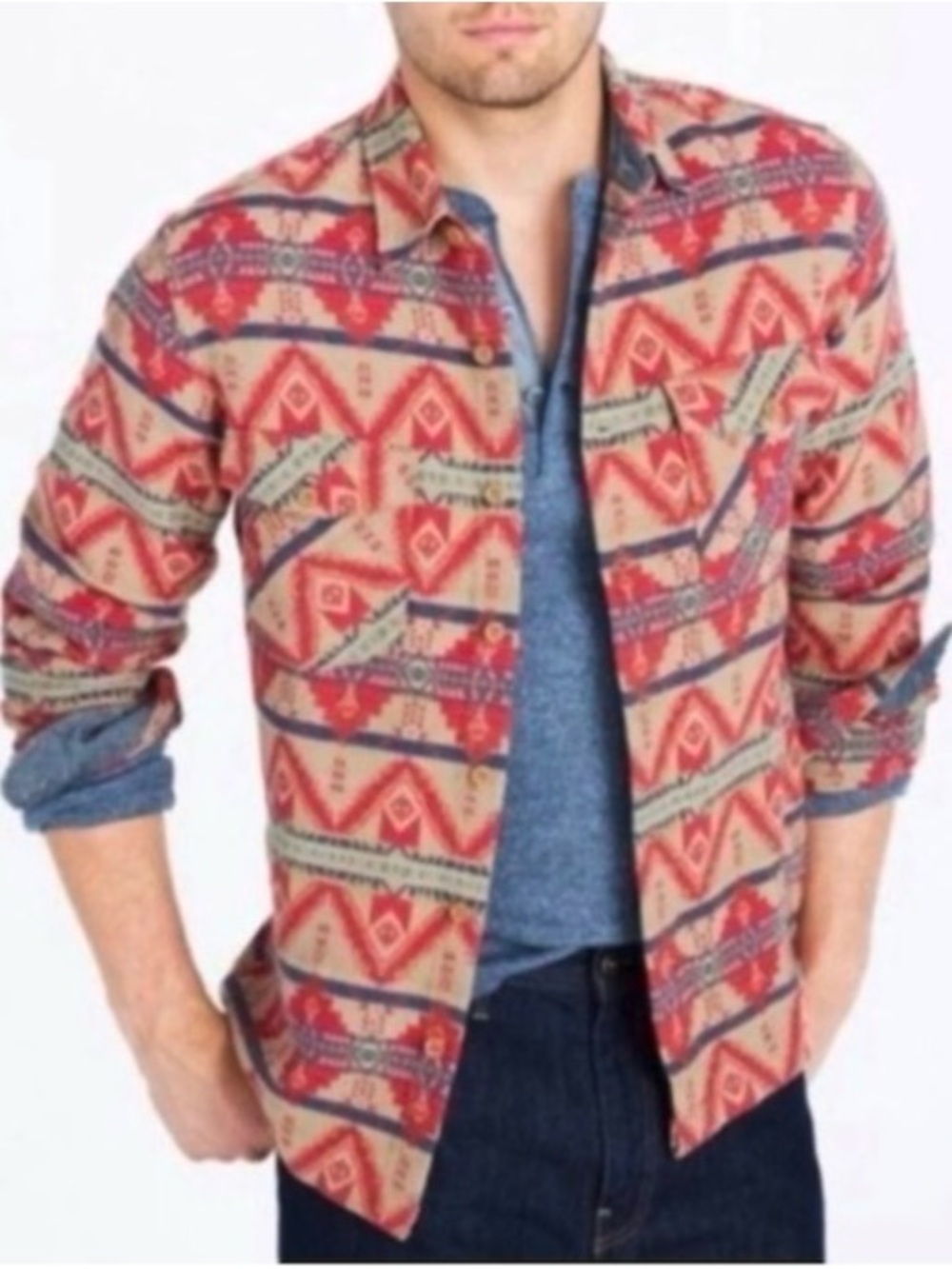 J. Crew Mens Cotton Red Blue Aztec Southwest Button Down Shirt Jacket Size Small